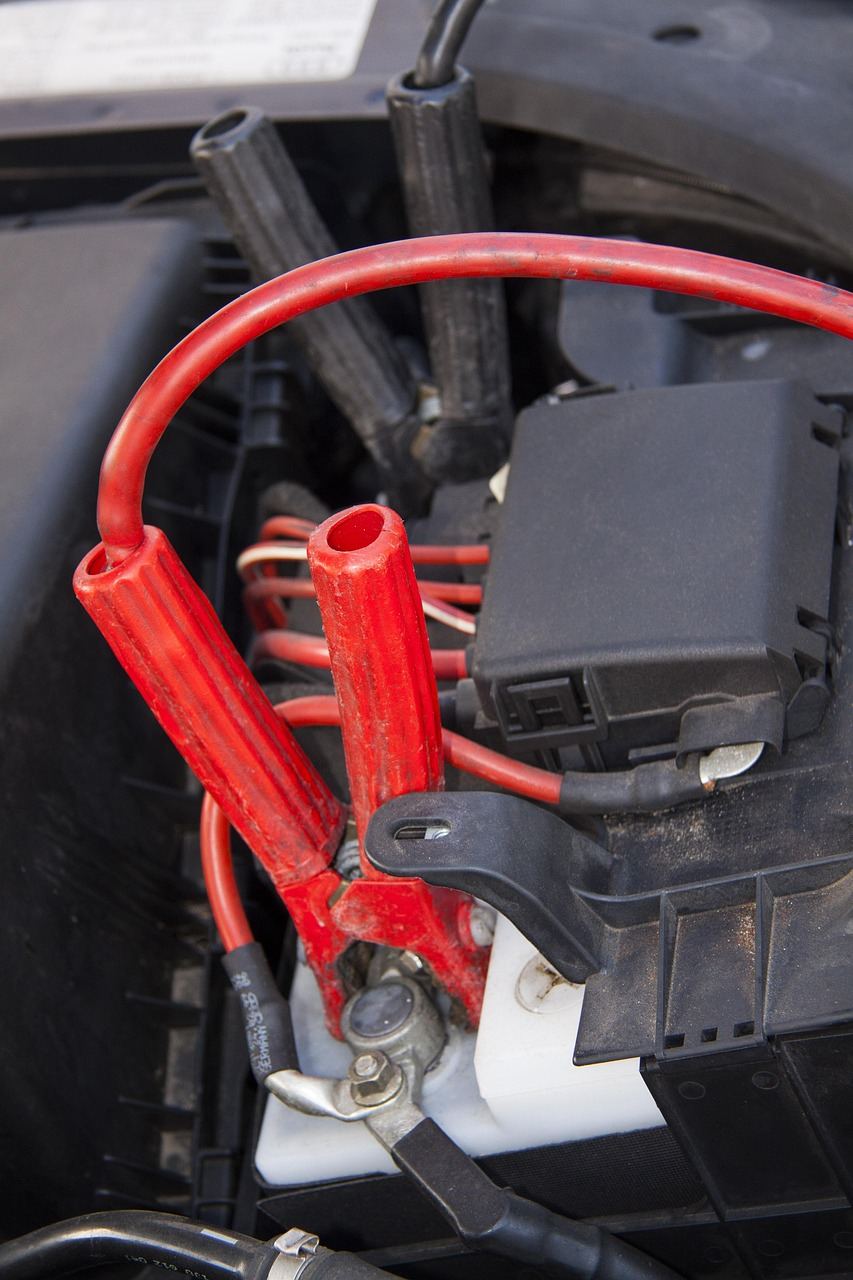 Cables de corriente conectados a la batería de un vehículo